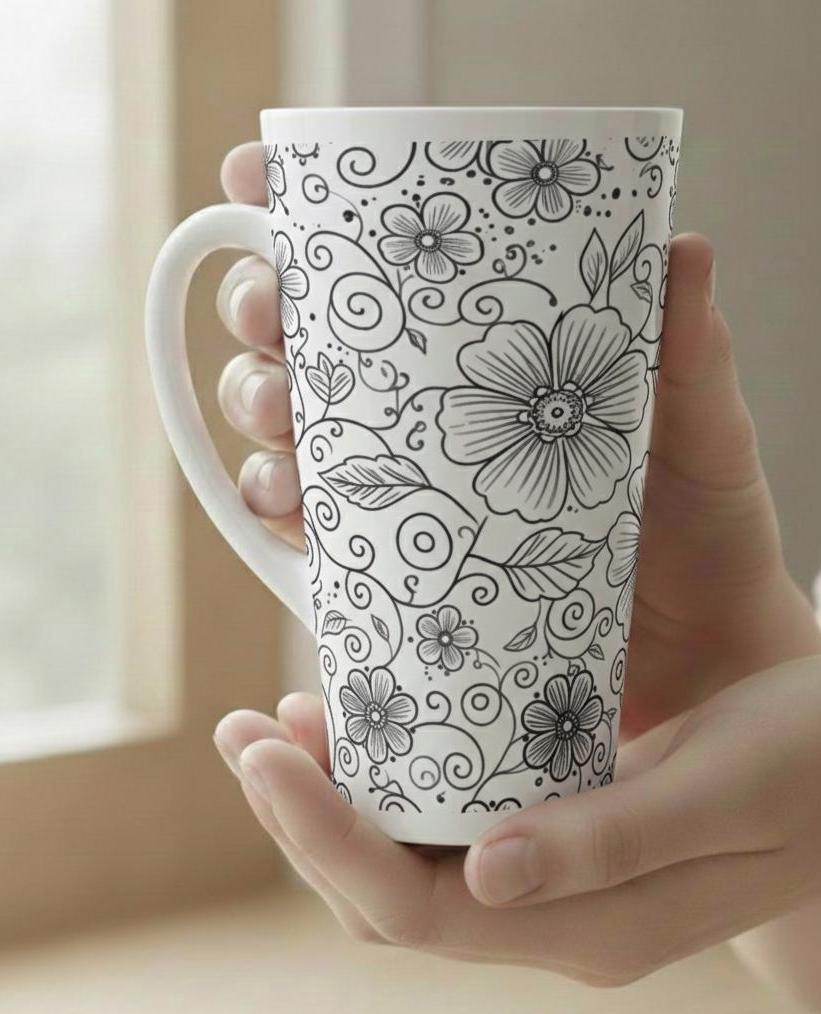 Set of 3 Cups, Floral, 17oz Latte Ceramic Mugs Set - Extra Tall Cup Set