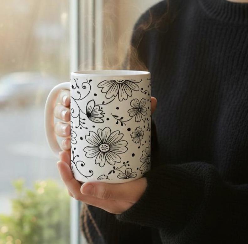 Set of Big Mugs, Floral Cup Set, Large 15 oz Matching Cups