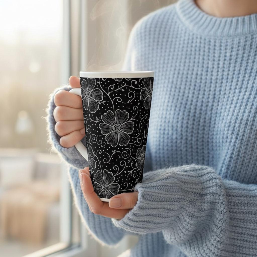 Set of 3 Cups, Floral, 17oz Latte Ceramic Mugs Set - Extra Tall Cup Set