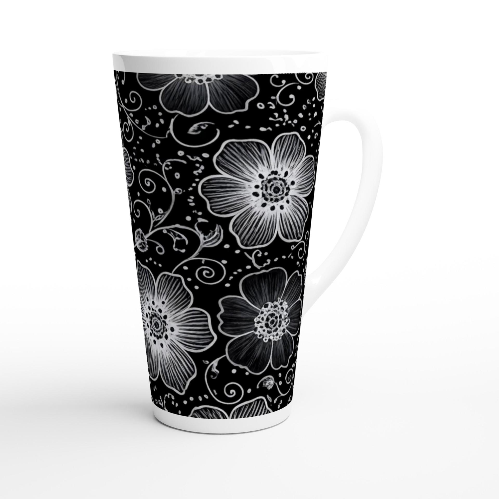 Set of 3 Cups, Floral, 17oz Latte Ceramic Mugs Set - Extra Tall Cup Set
