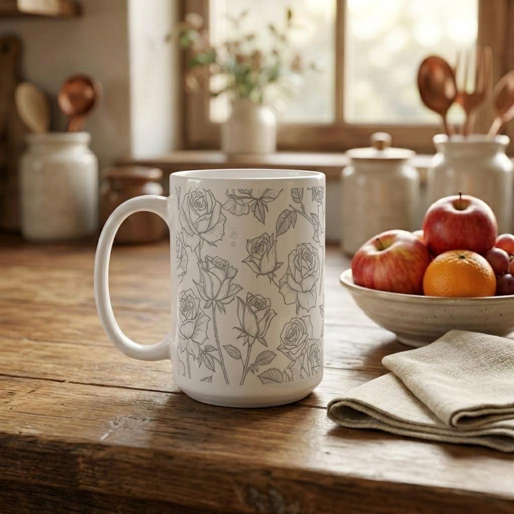 Set of Big Mugs, Floral Cup Set, Large 15 oz Matching Cups