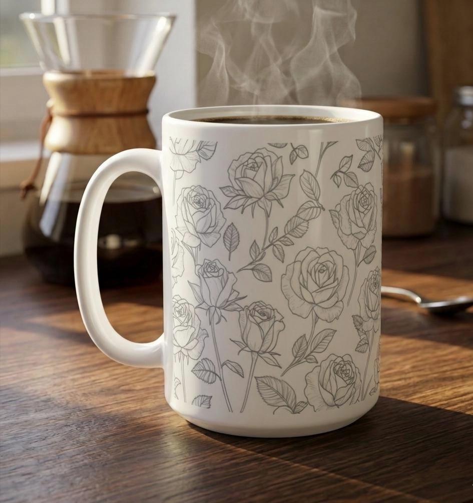 Set of Big Mugs, Floral Cup Set, Large 15 oz Matching Cups