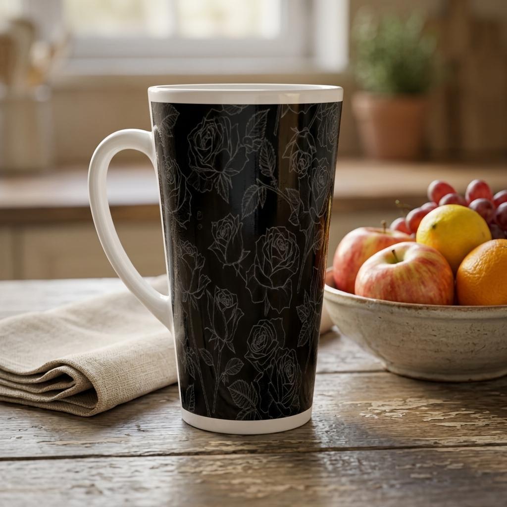Set of 3 Cups, Floral, 17oz Latte Ceramic Mugs Set - Extra Tall Cup Set