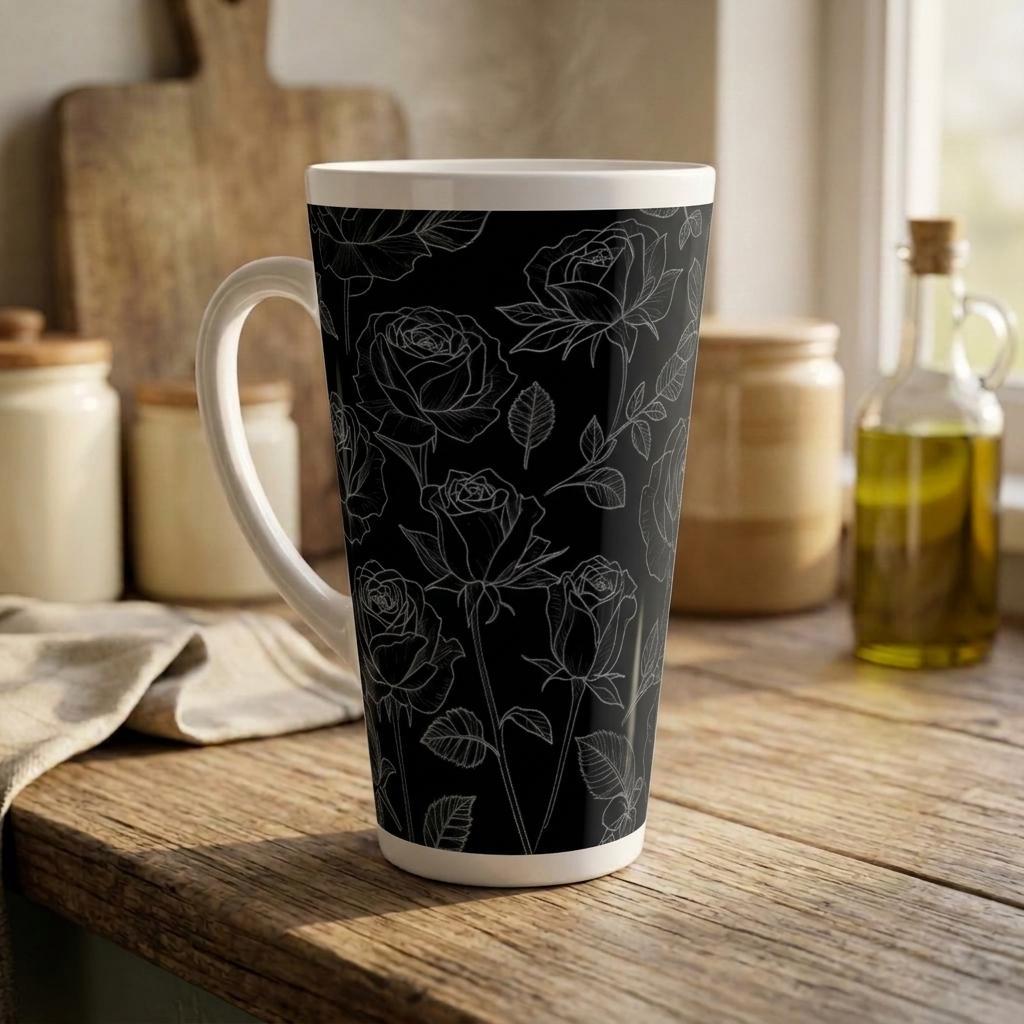 Set of 3 Cups, Floral, 17oz Latte Ceramic Mugs Set - Extra Tall Cup Set