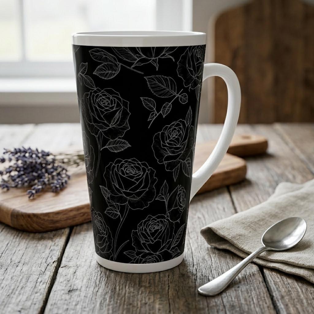Set of 3 Cups, Floral, 17oz Latte Ceramic Mugs Set - Extra Tall Cup Set