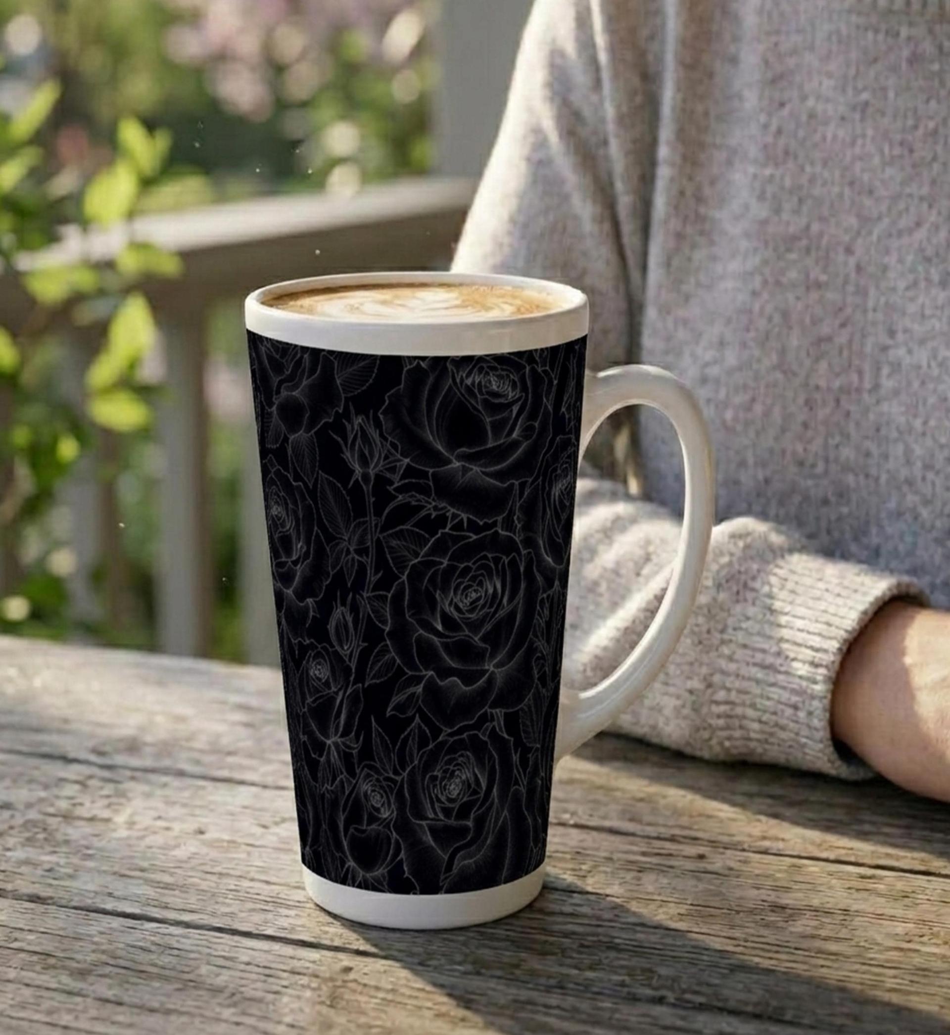 Set of 3 Cups, Floral, 17oz Latte Ceramic Mugs Set - Extra Tall Cup Set