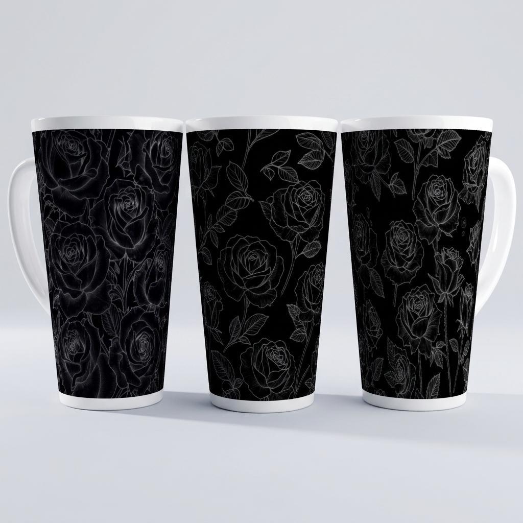 Set of 3 Cups, Floral, 17oz Latte Ceramic Mugs Set - Extra Tall Cup Set