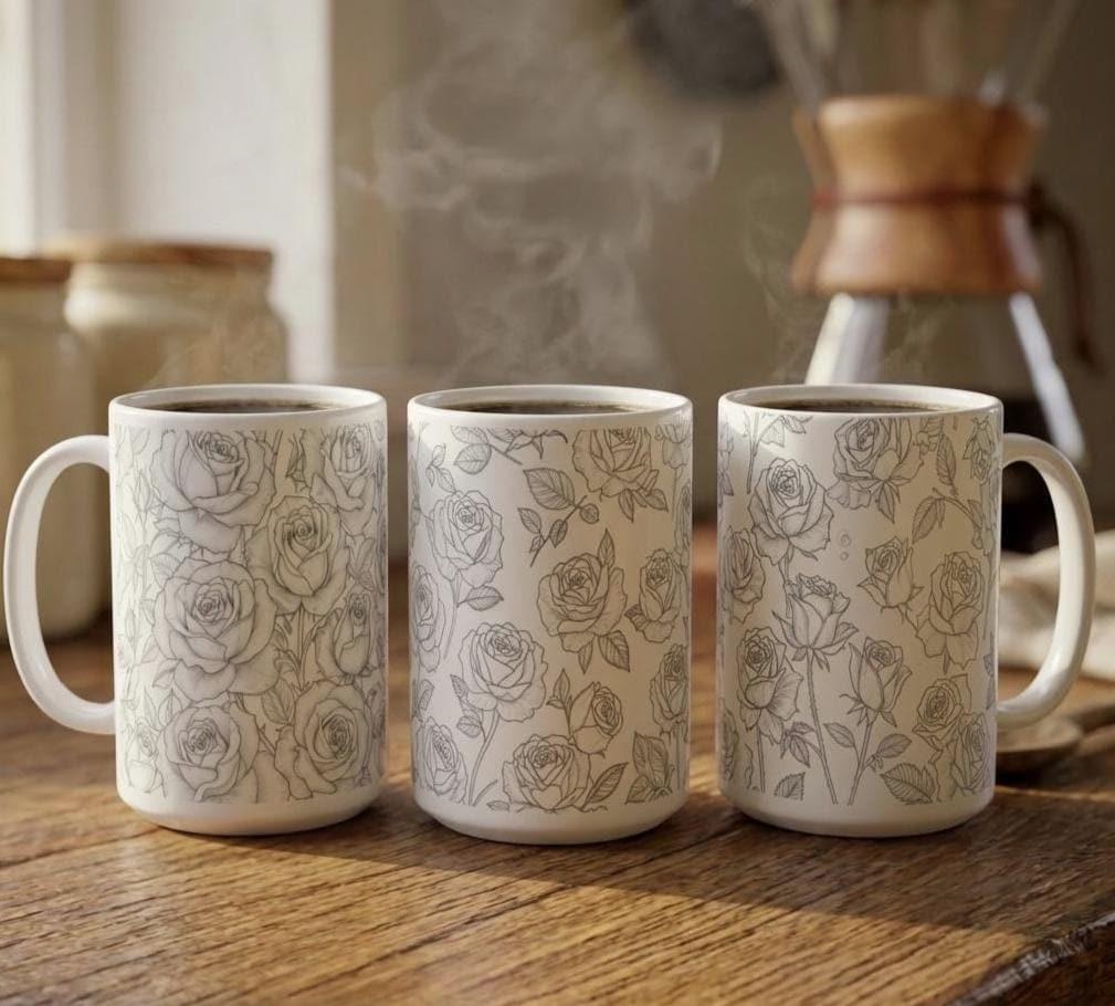 Set of Big Mugs, Floral Cup Set, Large 15 oz Matching Cups