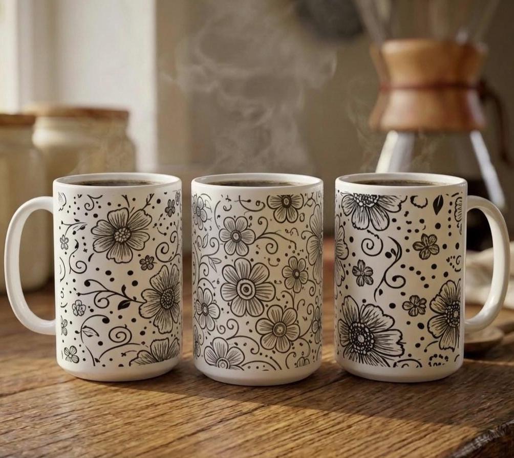 Set of Big Mugs, Floral Cup Set, Large 15 oz Matching Cups