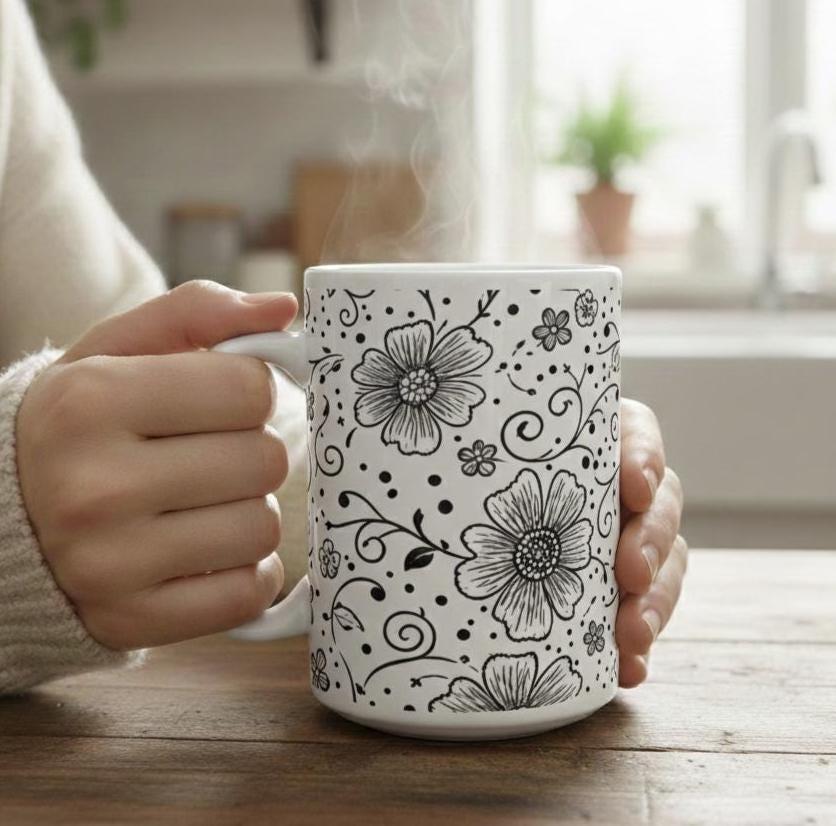 Set of Big Mugs, Floral Cup Set, Large 15 oz Matching Cups
