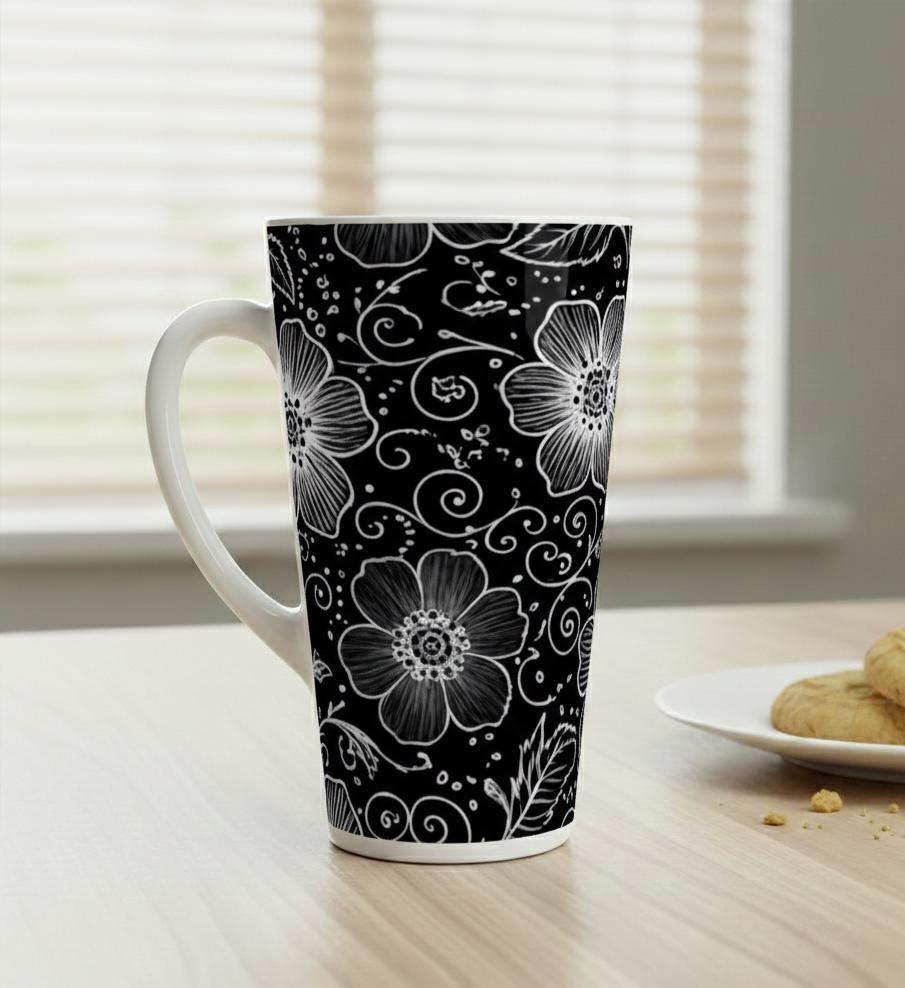 Set of 3 Cups, Floral, 17oz Latte Ceramic Mugs Set - Extra Tall Cup Set