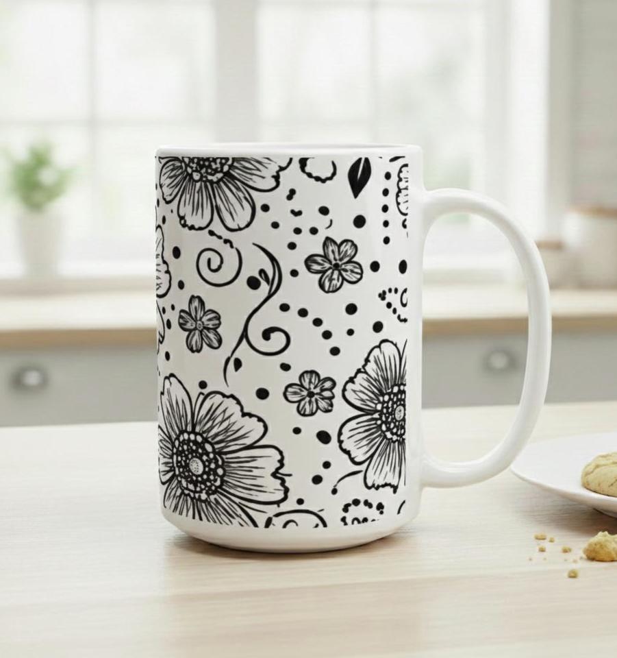 Set of Big Mugs, Floral Cup Set, Large 15 oz Matching Cups