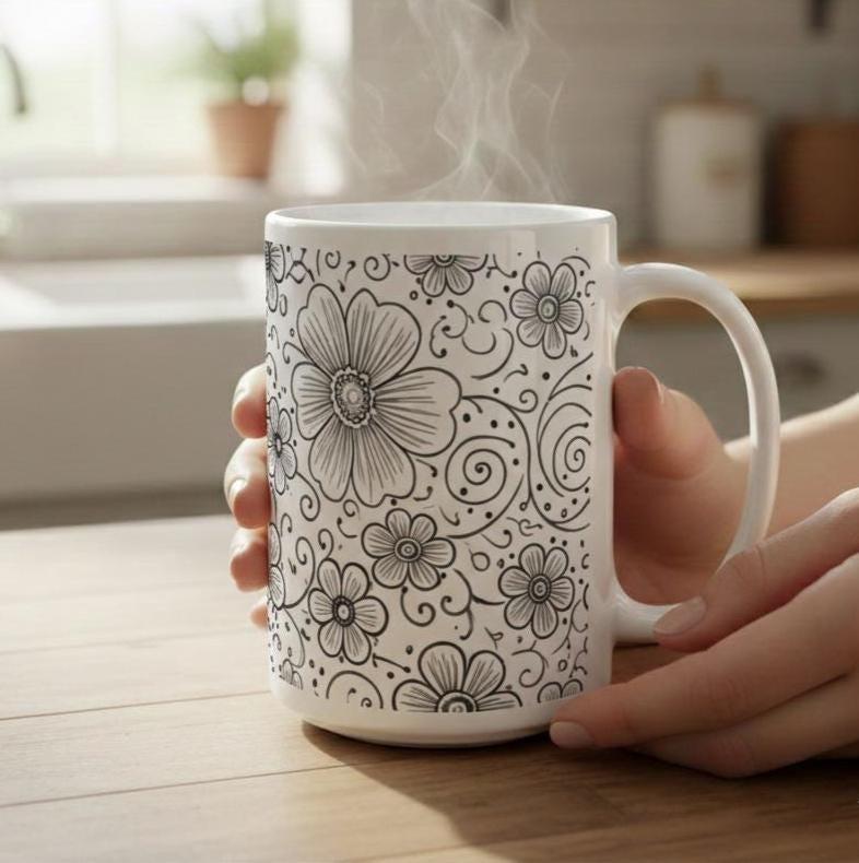 Set of Big Mugs, Floral Cup Set, Large 15 oz Matching Cups