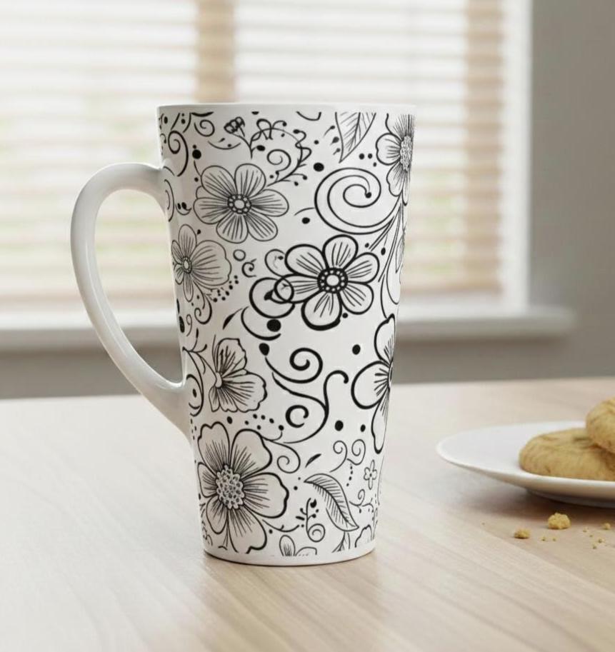 Set of 3 Cups, Floral, 17oz Latte Ceramic Mugs Set - Extra Tall Cup Set