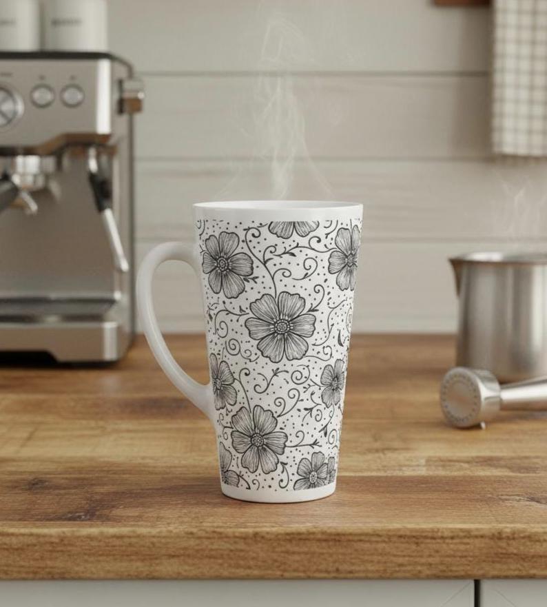 Set of 3 Cups, Floral, 17oz Latte Ceramic Mugs Set - Extra Tall Cup Set