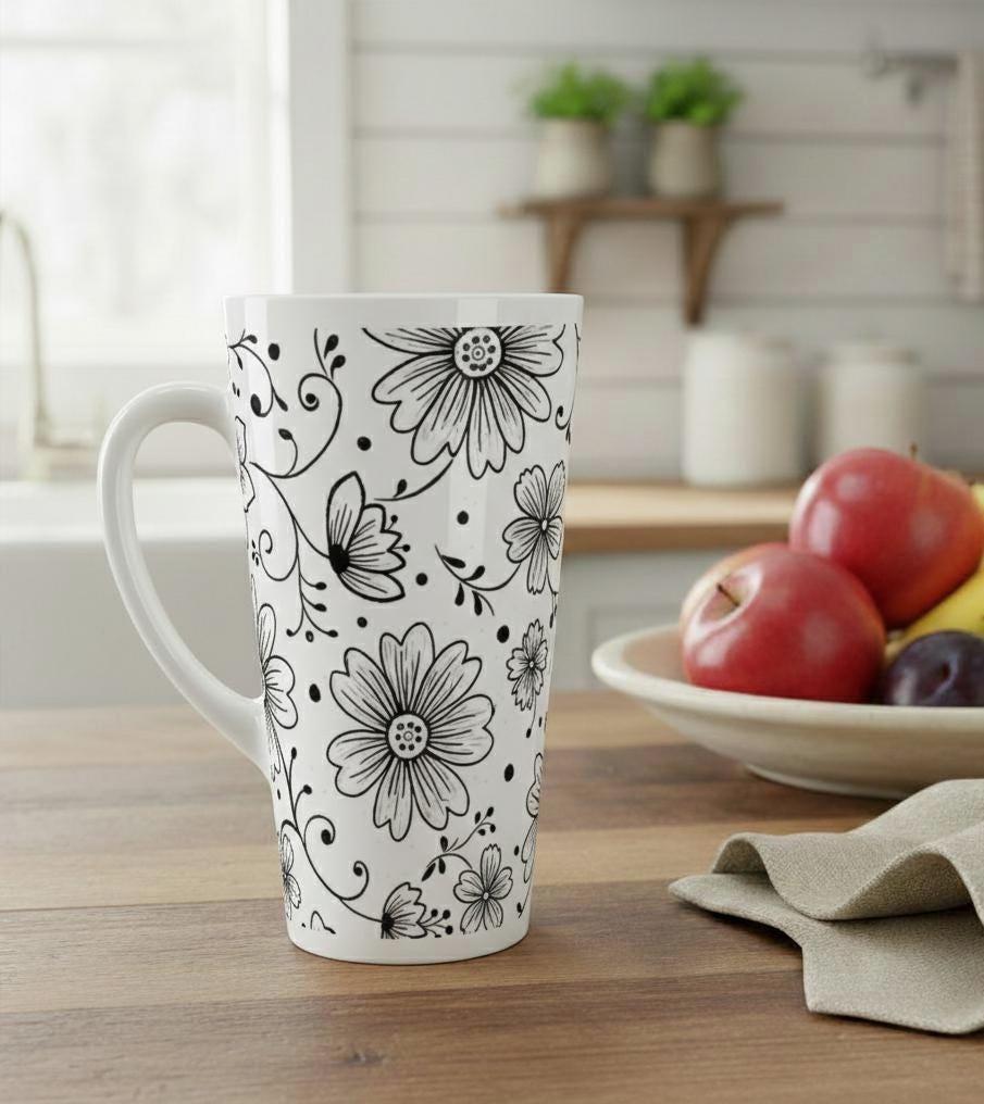 Set of 3 Cups, Floral, 17oz Latte Ceramic Mugs Set - Extra Tall Cup Set