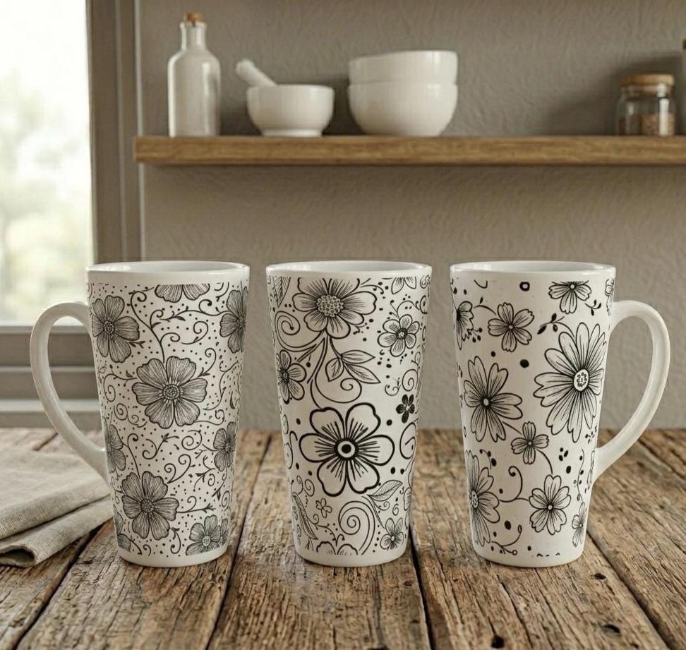 Set of 3 Cups, Floral, 17oz Latte Ceramic Mugs Set - Extra Tall Cup Set