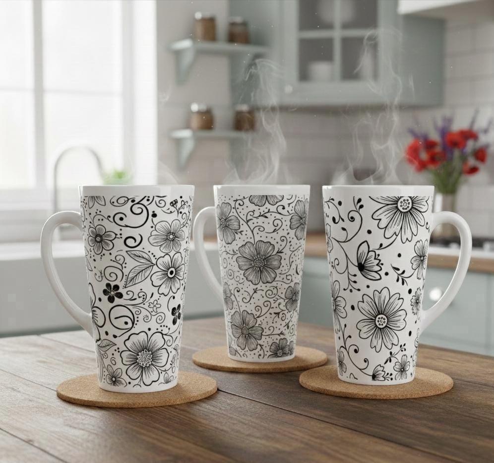 Set of 3 Cups, Floral, 17oz Latte Ceramic Mugs Set - Extra Tall Cup Set