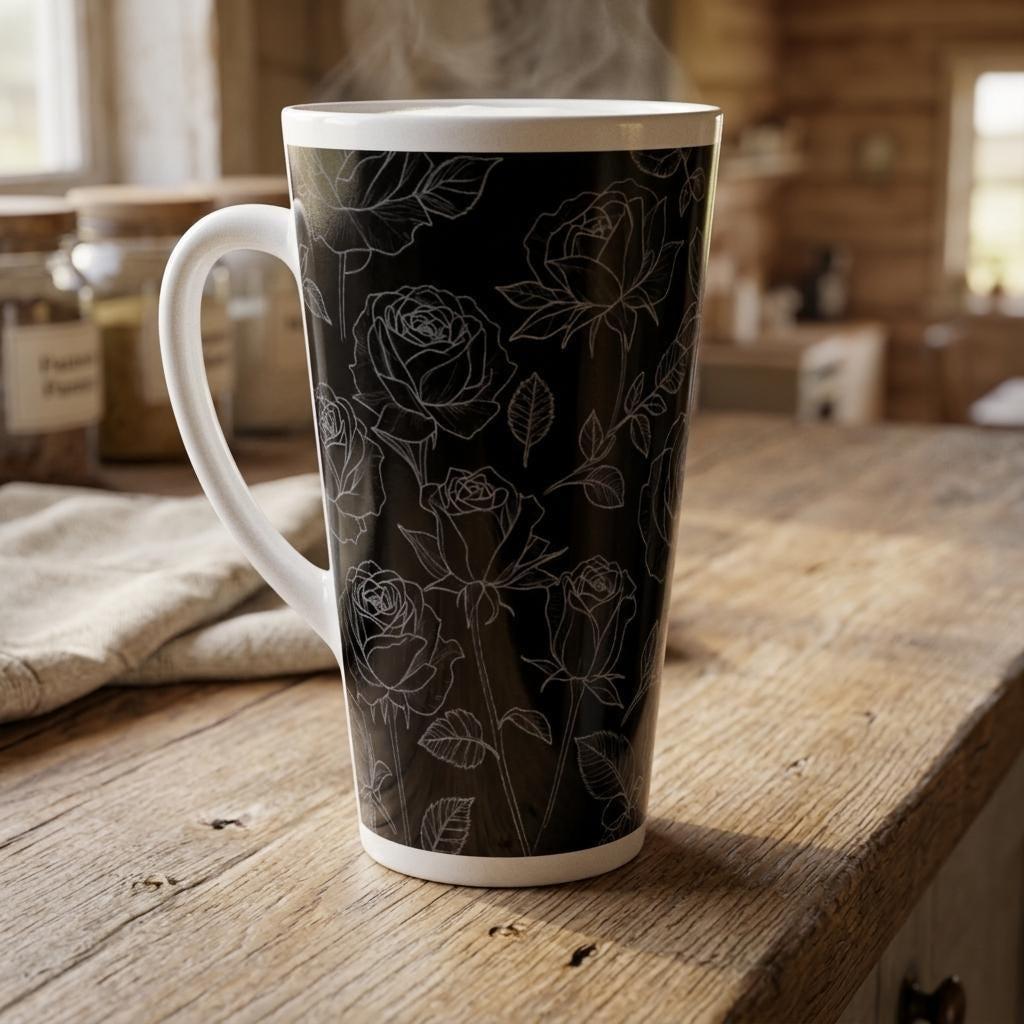 Black Roses, Latte 17oz Ceramic Mug - Coffee or Tea Cup, Extra Tall