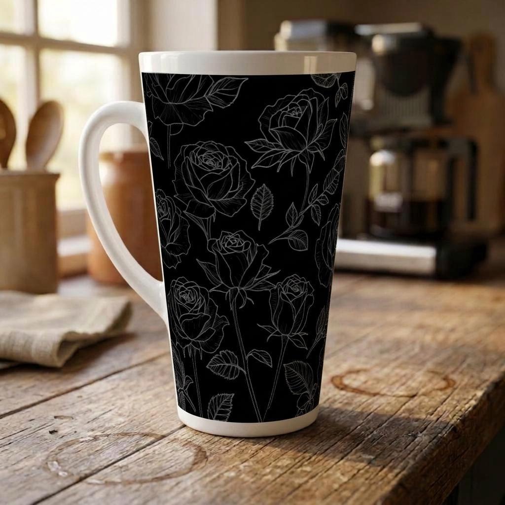 Black Roses, Latte 17oz Ceramic Mug - Coffee or Tea Cup, Extra Tall