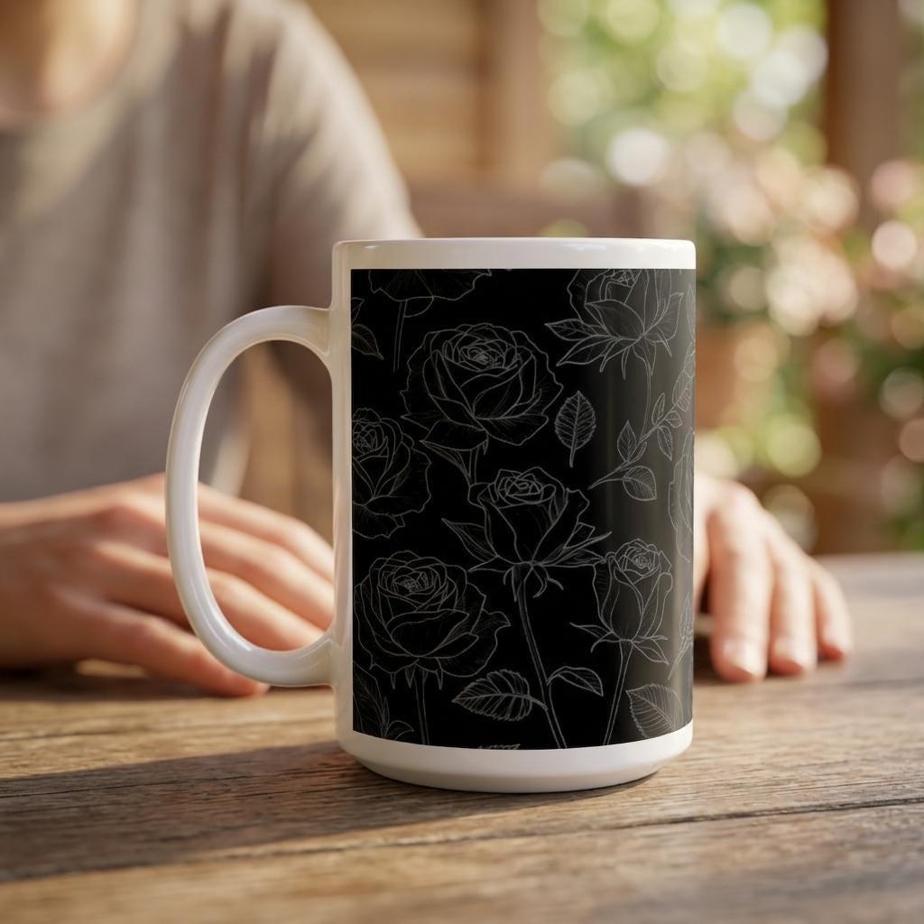 Roses, Dark Floral Large and Small Cups, 11oz and 15oz Ceramic Mug Set