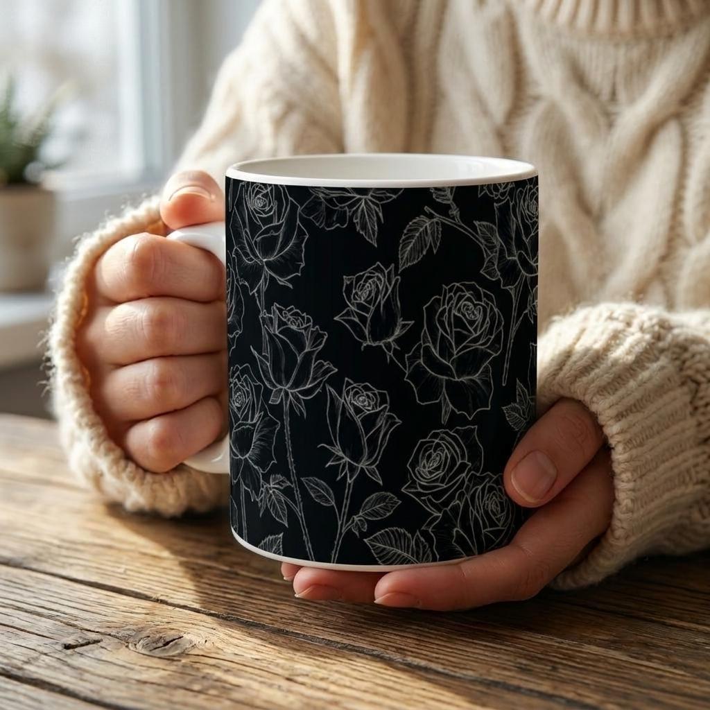 Roses, Dark Floral Large and Small Cups, 11oz and 15oz Ceramic Mug Set