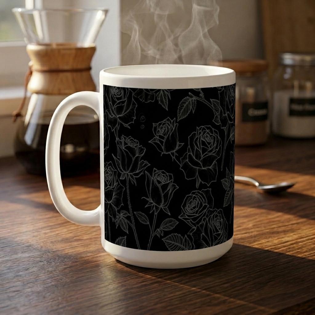 Roses, Dark Floral Large and Small Cups, 11oz and 15oz Ceramic Mug Set