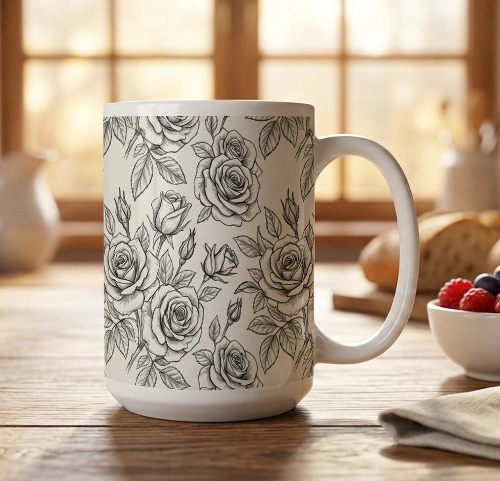 Set of Big Mugs, Floral Cup Set, Large 15 oz Matching Cups