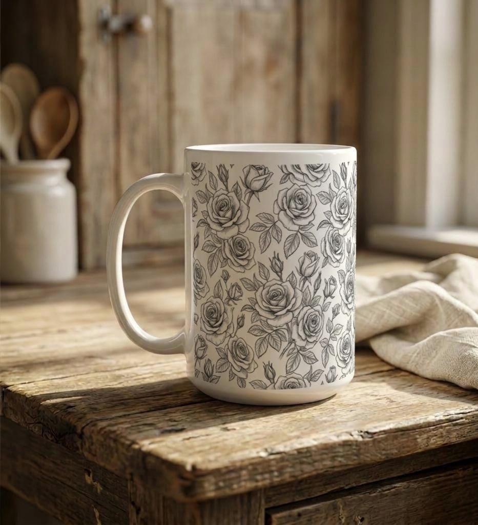 Set of Big Mugs, Floral Cup Set, Large 15 oz Matching Cups