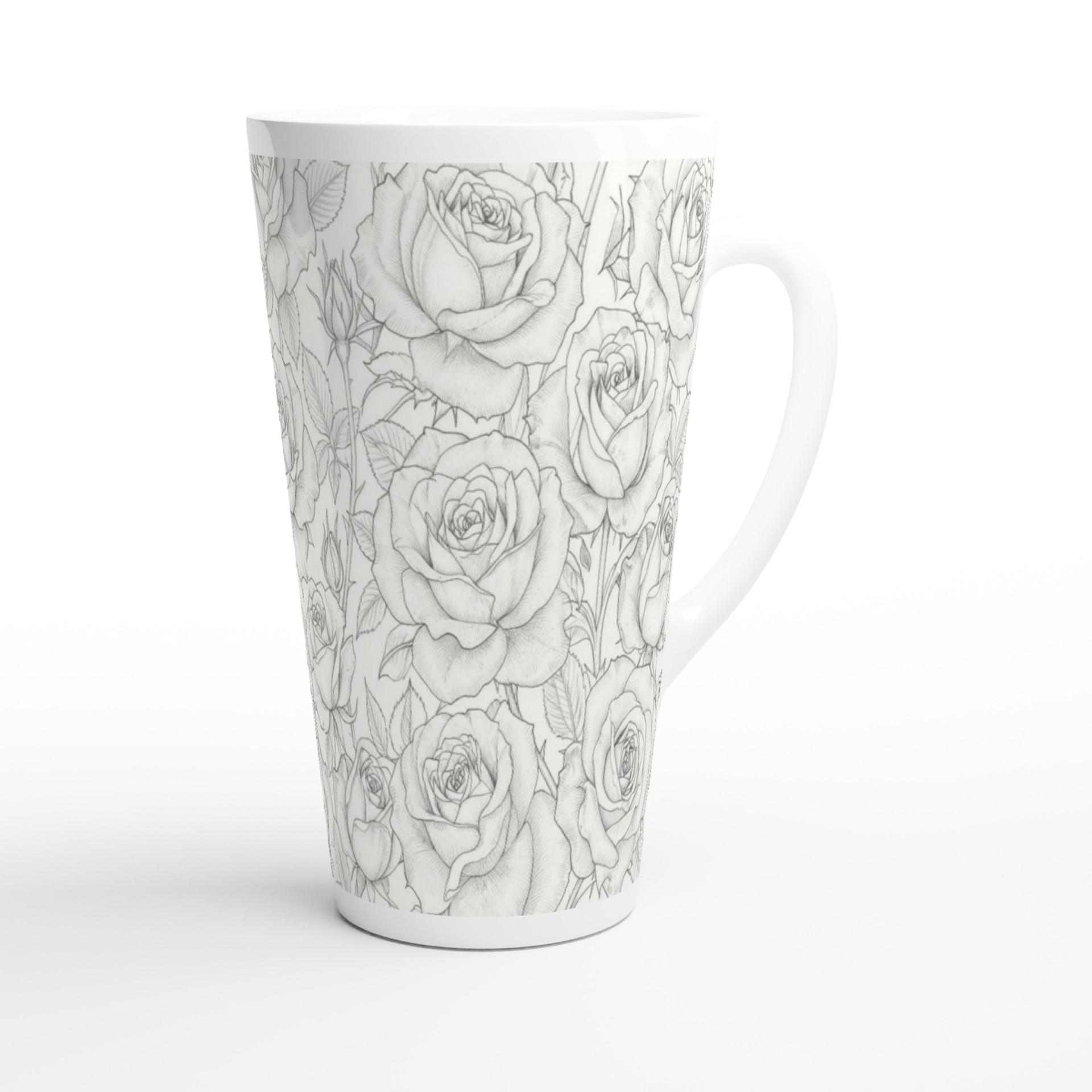 Set of 3 Cups, Floral, 17oz Latte Ceramic Mugs Set - Extra Tall Cup Set