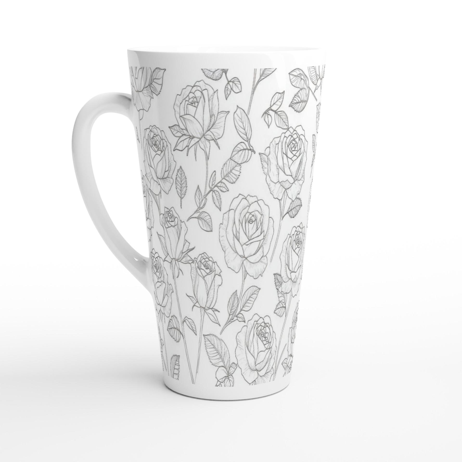 Set of 3 Cups, Floral, 17oz Latte Ceramic Mugs Set - Extra Tall Cup Set