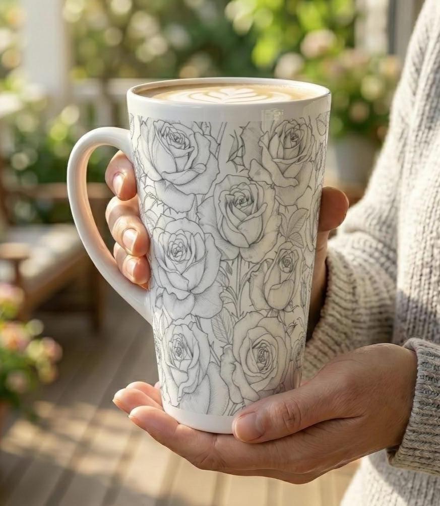 Set of 3 Cups, Floral, 17oz Latte Ceramic Mugs Set - Extra Tall Cup Set