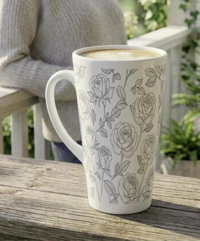 Set of 3 Cups, Floral, 17oz Latte Ceramic Mugs Set - Extra Tall Cup Set
