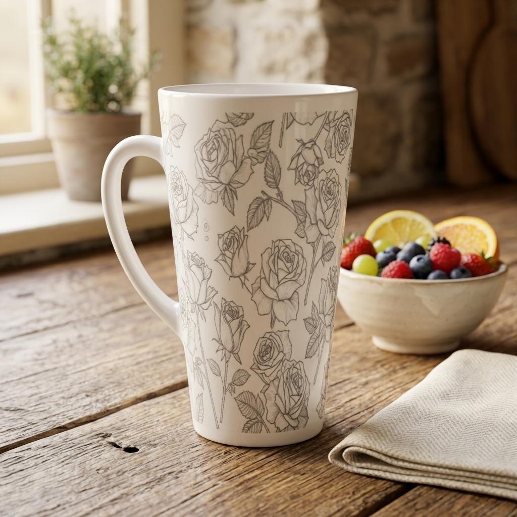 Set of 3 Cups, Floral, 17oz Latte Ceramic Mugs Set - Extra Tall Cup Set