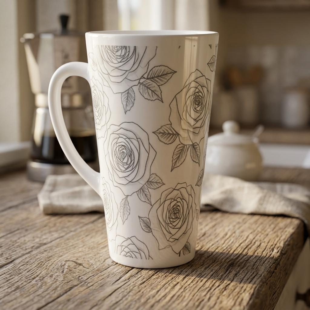 Set of 3 Cups, Floral, 17oz Latte Ceramic Mugs Set - Extra Tall Cup Set