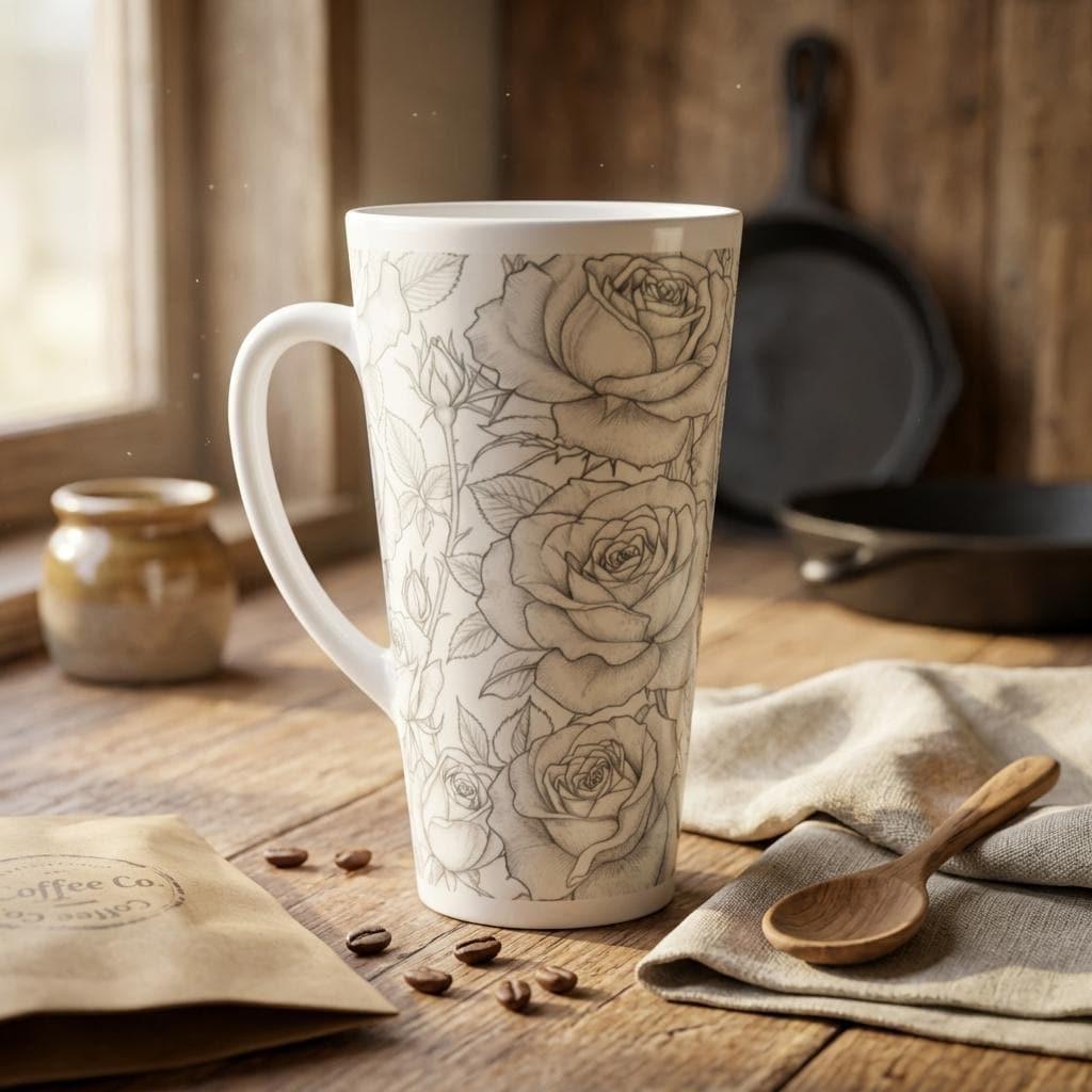 Set of 3 Cups, Floral, 17oz Latte Ceramic Mugs Set - Extra Tall Cup Set