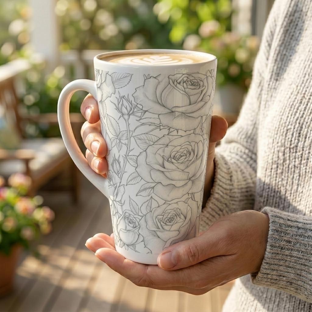 Set of 3 Cups, Floral, 17oz Latte Ceramic Mugs Set - Extra Tall Cup Set