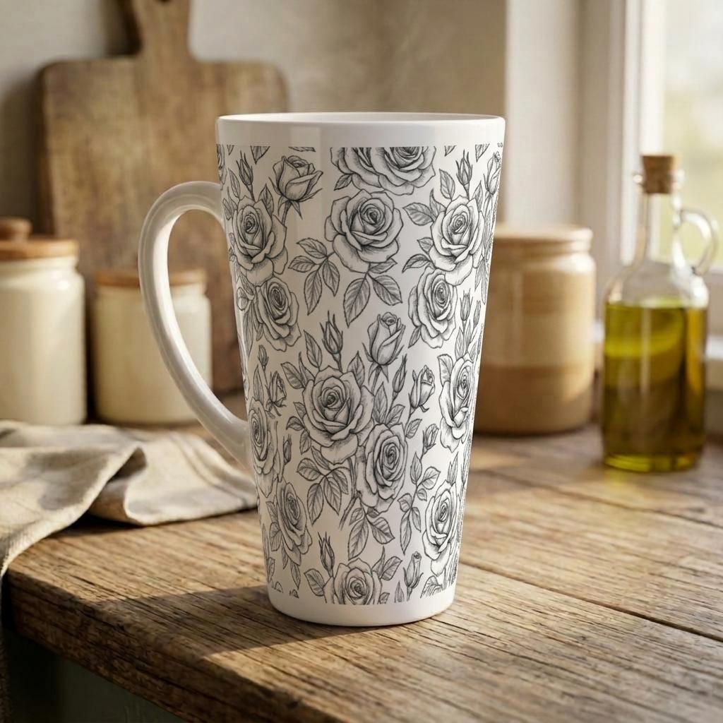 Set of 3 Cups, Floral, 17oz Latte Ceramic Mugs Set - Extra Tall Cup Set