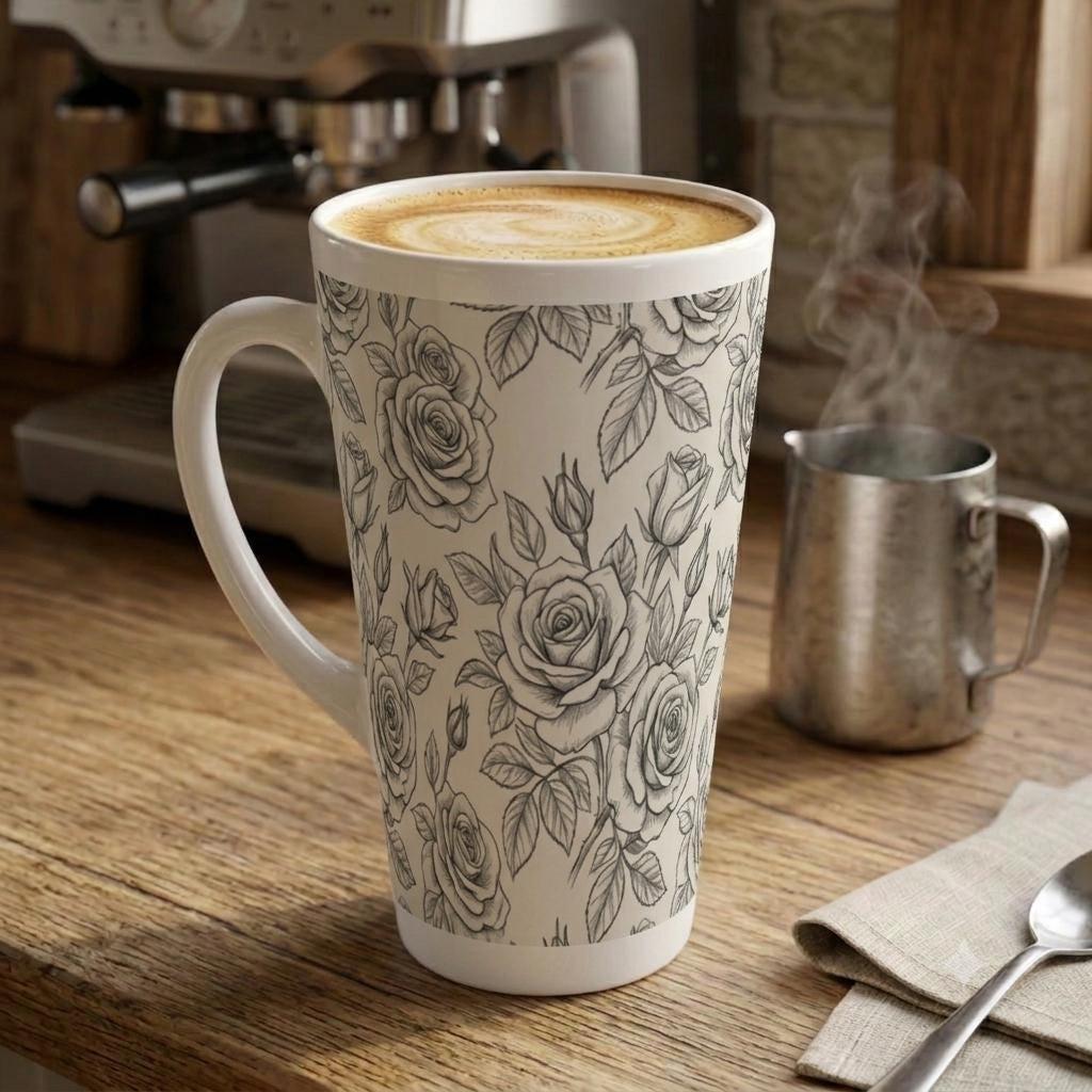 Set of 3 Cups, Floral, 17oz Latte Ceramic Mugs Set - Extra Tall Cup Set