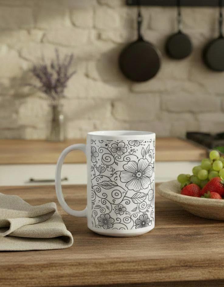 Set of Big Mugs, Floral Cup Set, Large 15 oz Matching Cups