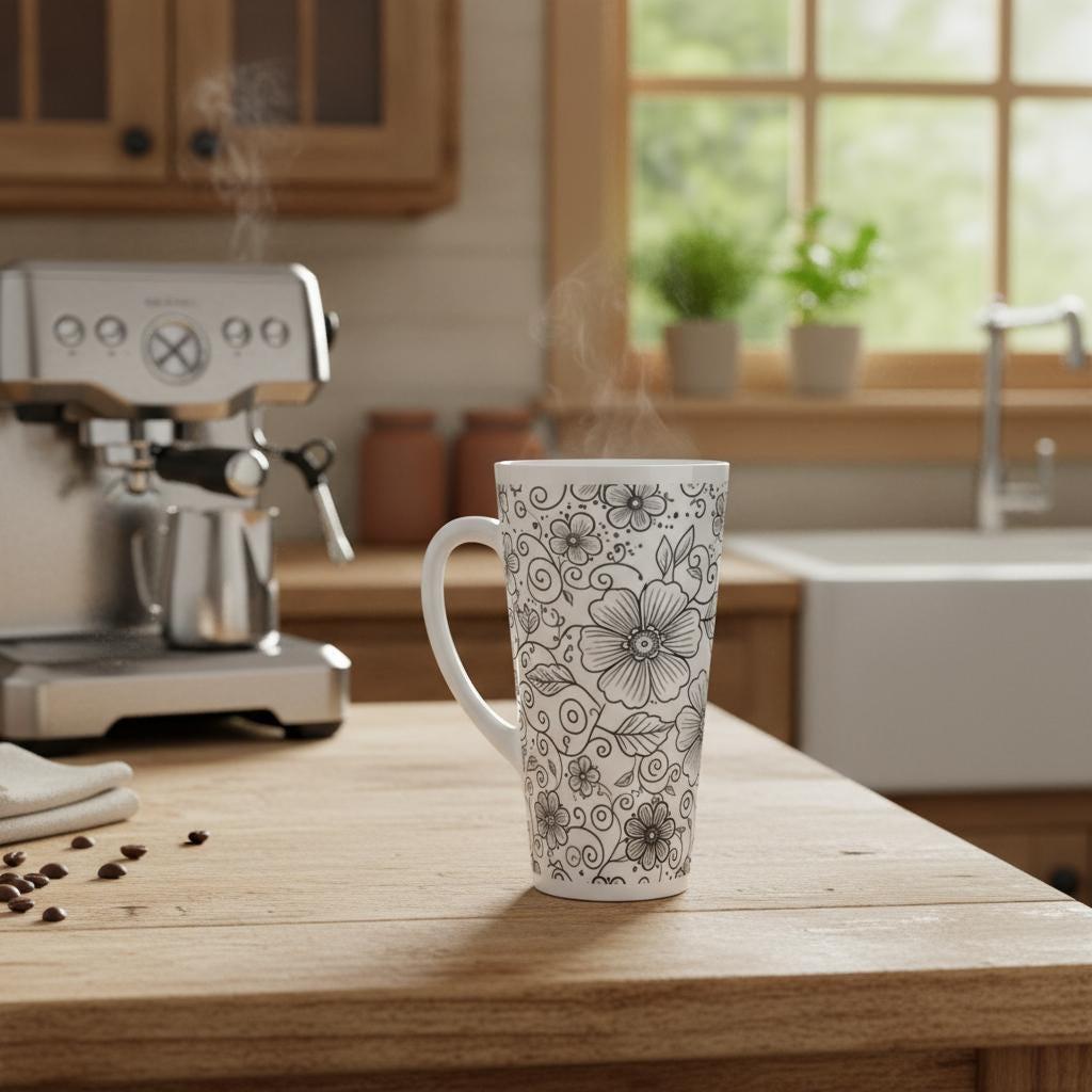 Set of 3 Cups, Floral, 17oz Latte Ceramic Mugs Set - Extra Tall Cup Set