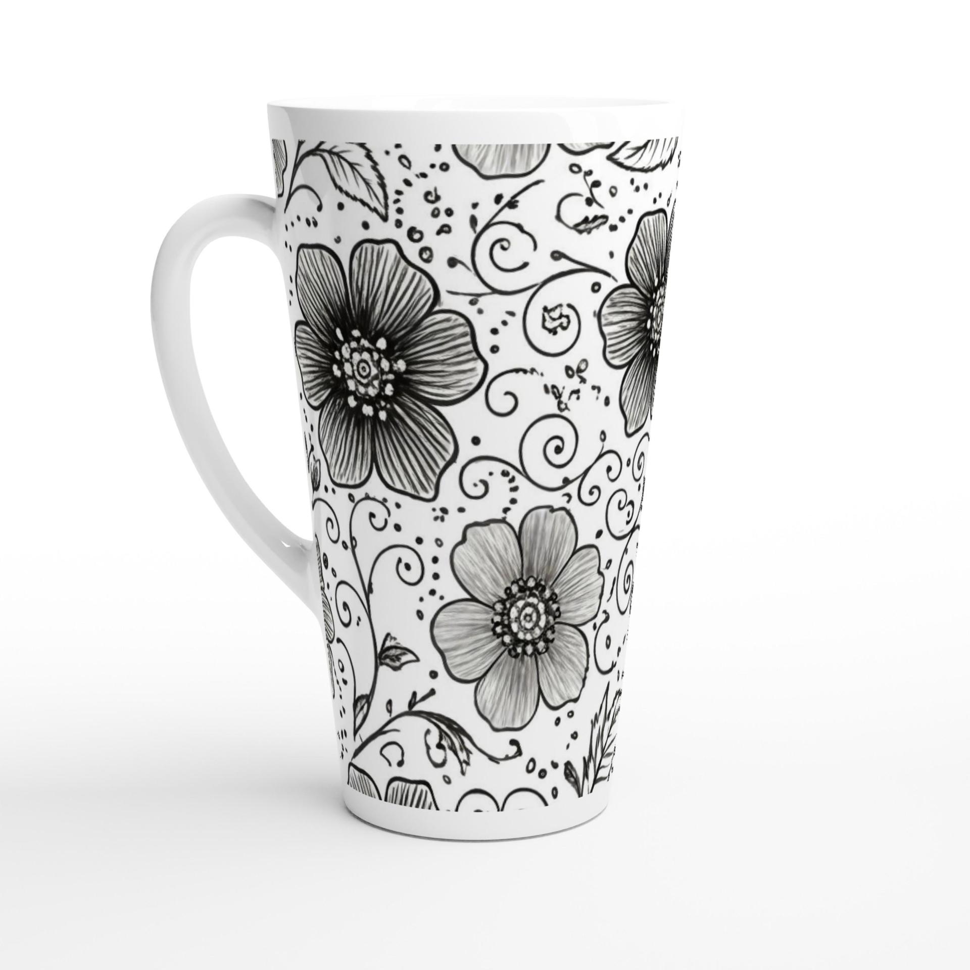 Set of 3 Cups, Floral, 17oz Latte Ceramic Mugs Set - Extra Tall Cup Set