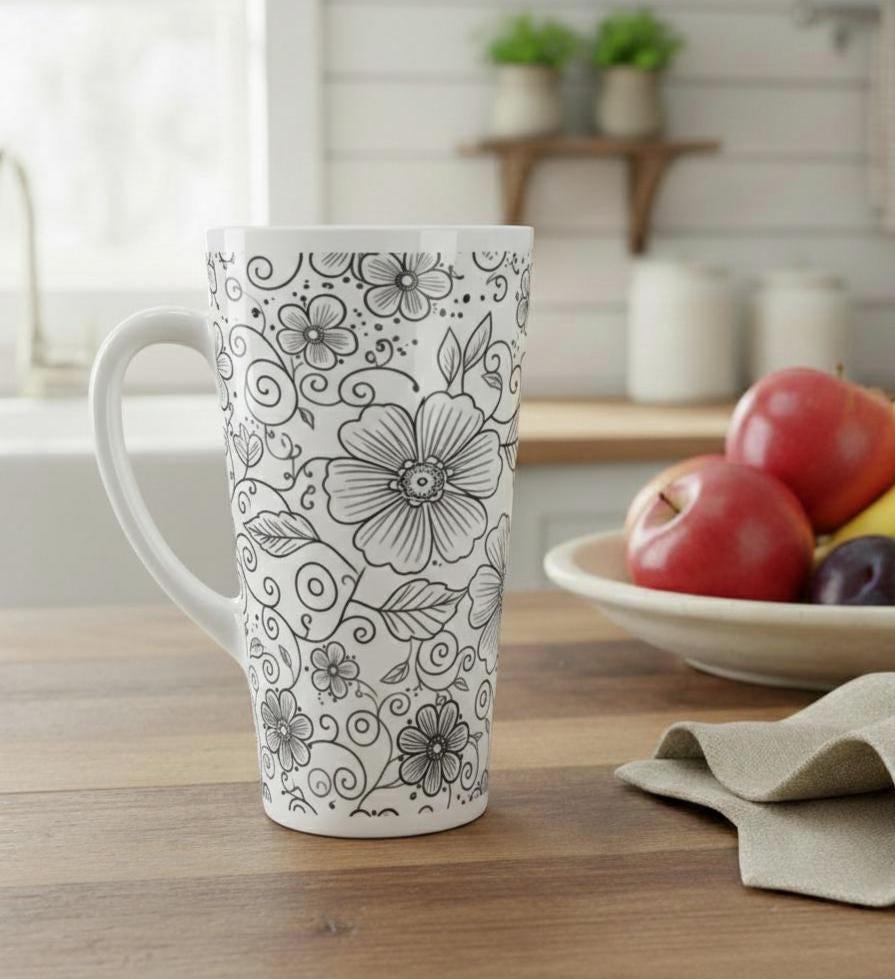 Set of 3 Cups, Floral, 17oz Latte Ceramic Mugs Set - Extra Tall Cup Set