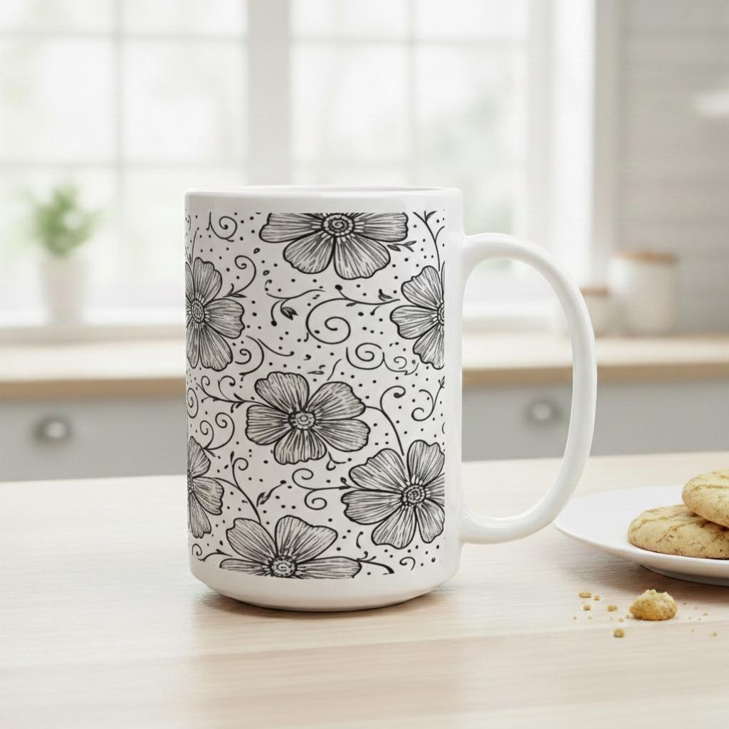 Set of Big Mugs, Floral Cup Set, Large 15 oz Matching Cups
