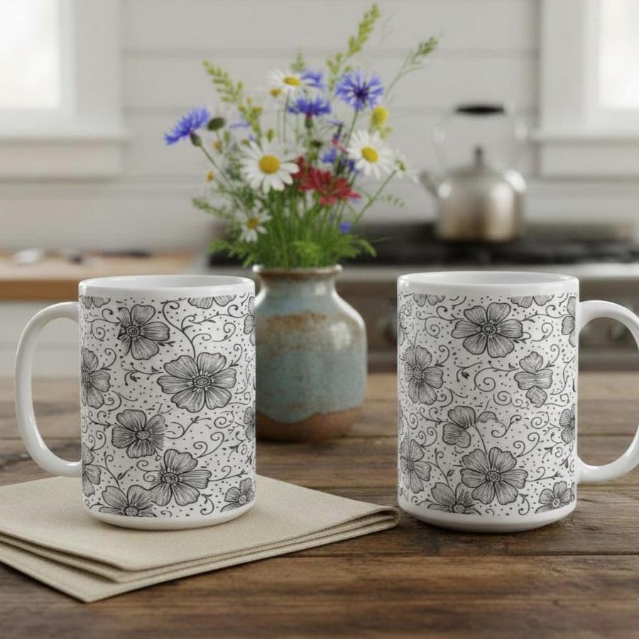 Set of Big Mugs, Floral Cup Set, Large 15 oz Matching Cups