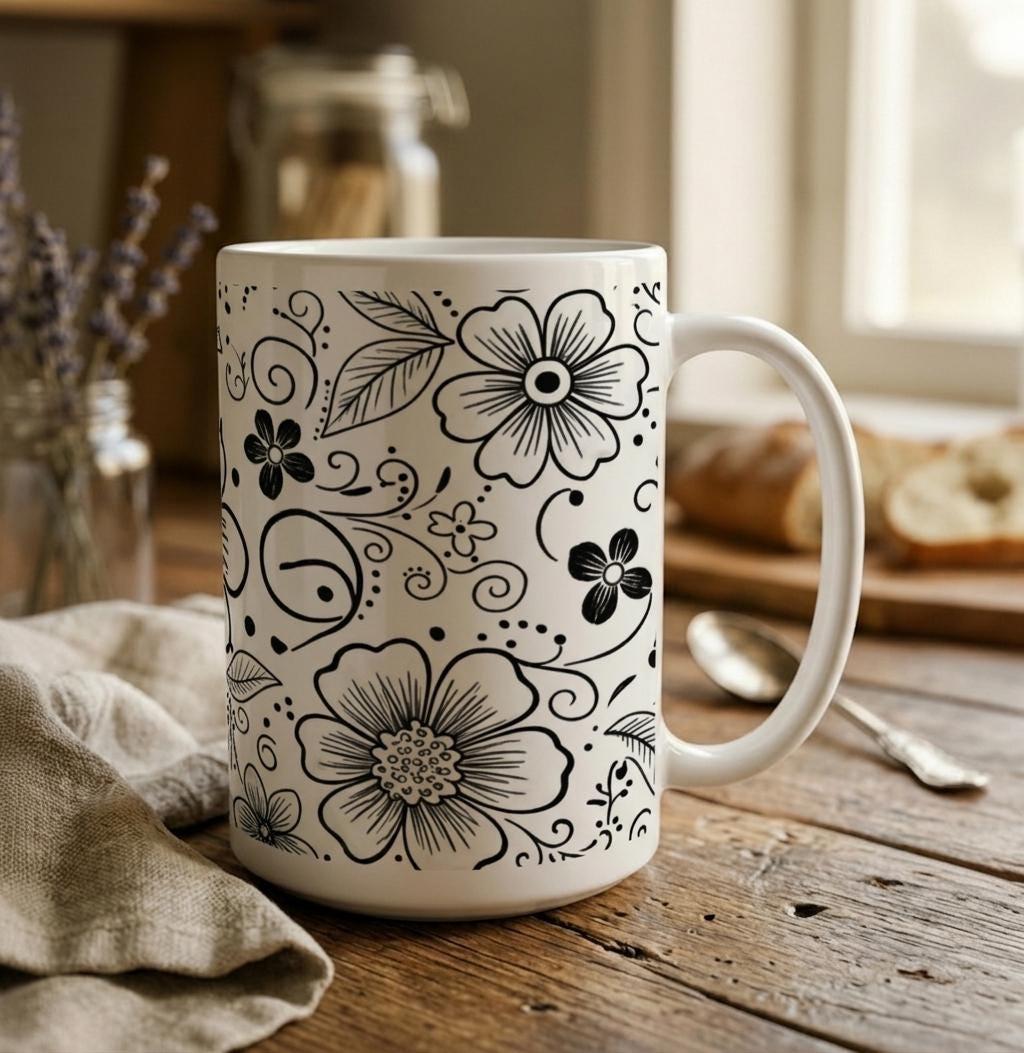 Set of Big Mugs, Floral Cup Set, Large 15 oz Matching Cups
