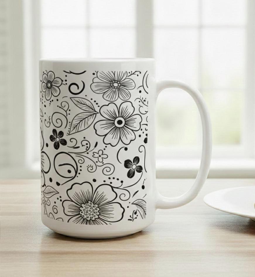 Set of Big Mugs, Floral Cup Set, Large 15 oz Matching Cups