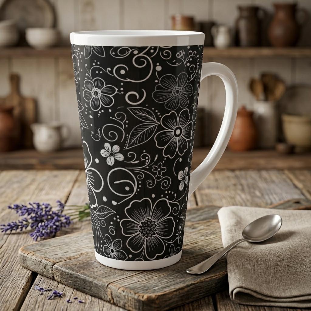 Set of 3 Cups, Floral, 17oz Latte Ceramic Mugs Set - Extra Tall Cup Set