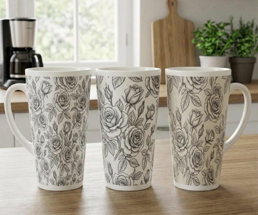 Set of 3 Cups, Floral, 17oz Latte Ceramic Mugs Set - Extra Tall Cup Set