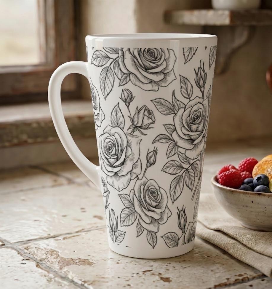 Set of 3 Cups, Floral, 17oz Latte Ceramic Mugs Set - Extra Tall Cup Set